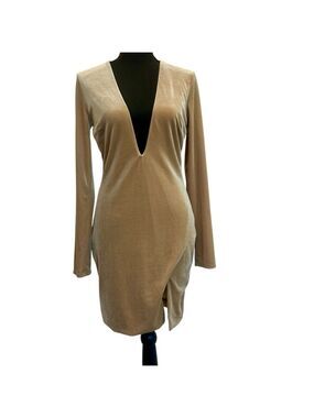 LUX LA camel tan brown velvet V-neck long sleeve mini dress bodycon cocktail L